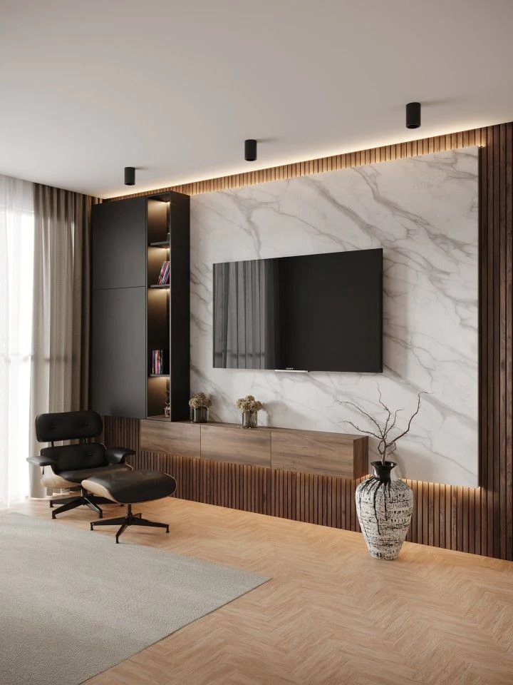 Busaiteen, Interior Design, Media Wall, Living Room, Living Room TV Wall, Marble & Wood Combinations