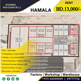 Hamala, Factories, BHD 13000,  8360 Sq. Meter,  Factory / Workshop / Warehouse For Leasing In Hamala