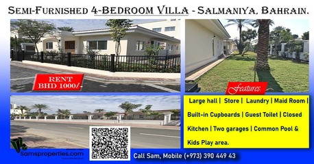Salmaniya, Villas, BHD 1025,  Semi-Furnished 4-Bedroom Villa For Rent - New Villa In A Silent Compound - Call 39044943