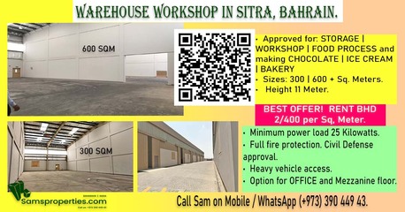 Salmabad, Warehouses, 100 Sq. Meter,  200, 300, 600, 800 (+) Sq. Meters WAREHOUSES / WORKSHOPS Rent From BHD 350. Call 39044943.