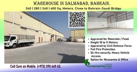 Salmabad, Warehouses, 100 Sq. Meter,  200, 300, 600, 800 (+) Sq. Meters WAREHOUSES / WORKSHOPS Rent From BHD 350. Call 39044943.
