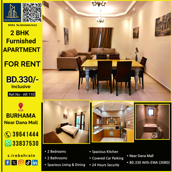 Sanabis, Apartments/Houses, BHD 330/month,  Furnished,  2 BR,  115 Sq. Meter,  Furnished  2 BHK Apartment For Rent In Burhama Near Dana Mall