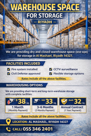 Riyadh, Business, Warehouse Space Available  50 Meter  SAR 2,000/= PER MONTH