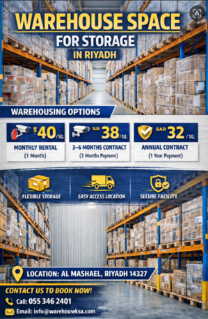 Riyadh, Business, Warehouse Space Available  50 Meter  SAR 2,000/= PER MONTH