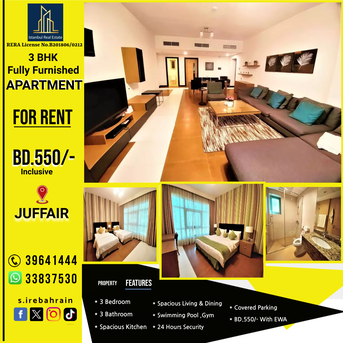 Juffair, Apartments/Houses, BHD 550/month,  Furnished,  3 BR,  160 Sq. Meter,  Fully Furnished 3 BHK Luxury Apartment For Rent In Juffair