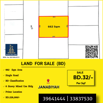 Janabiya, Commercial Plots, BHD 228000,  662 Sq. Meter,  Mixed Use (BD Classification) Land For Sale In Janabiyah BD.32/- Per Foot