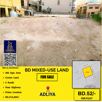 Adliya, Commercial Plots, BHD 213000,  382 Sq. Meter,  Mixed-Use Land (BD) For Sale In Adliya  &ndash; BD.52/- Per Foot