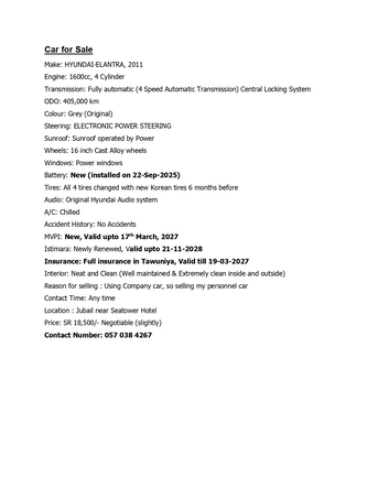 Jubail, Vehicles, Cars & Trucks , SAR 18500,  Hyundai Elantra,  2011,  Automatic,  405 KM,  HYUNDAI, ELANTRA,  IN GOOD CONDITION FOR SALE