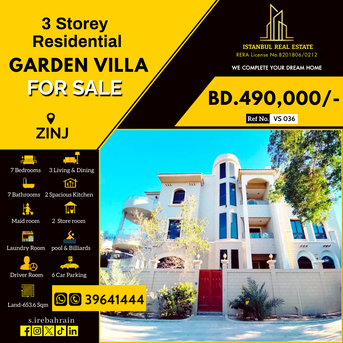Zinj, Villas, BHD 490000,  653 Sq. Meter,  3 Storey Residential Garden Villa For Sale In Zinj Near Highway BD.490,000/-