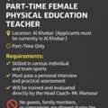 Looking For ( Female) Physical Education Teacher .  Musu Be In Khobar.. KSA. PART Time Job