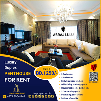Manama, Apartments/Houses, BHD 1250/month,  Furnished,  3 BR,  387 Sq. Meter,  High Luxury Duplex Penthouse For Rent In Abraj Al Lulu.