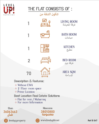 Muharraq, Apartments/Houses, BHD 100/month,  2 BR,  70 Sq. Meter,  Convenient 2BHK Flat For Rent In Muharraq, Ref - B047
