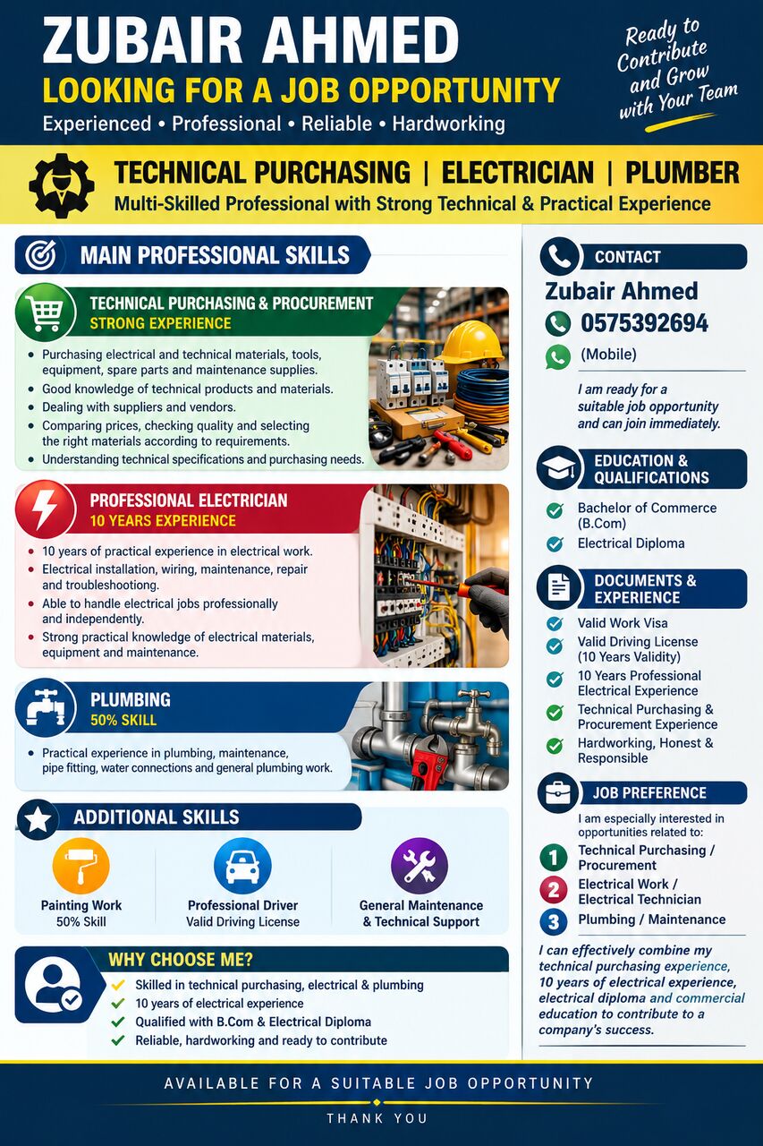 Madinah, Job Seekers, TECHNICAL PURCHASING | ELECTRICIAN | PLUMBER