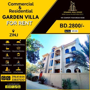Zinj, Apartments/Houses, BHD 2800/month,  6 BR,  650 Sq. Meter,  Commercial & Residential Garden Villa For Rent In Zinj.