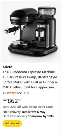 Riyadh, Appliances, SAR 275,  Ariete 1318B Moderna Espresso Machine