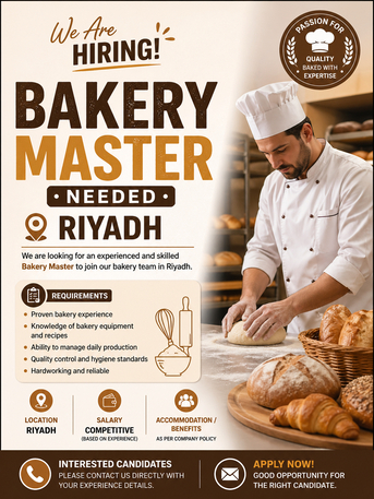 Hara, Jobs, Bakery Master Master Needed In Hara Riyadh