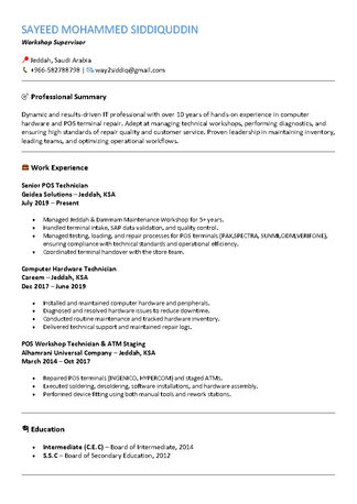 Jeddah, Job Seekers, Workshop Supervisor, Workshop Lead, Senior Workshop Technician, Warehouse Officer