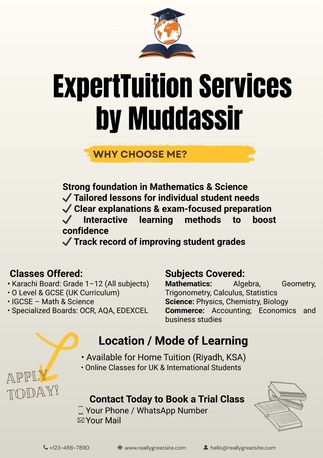 Riyadh, Lessons Offered, ✨ Expert Tuition Services By Muddassir ✨  🎯 Classes Offered: 	&bull;	Karachi Board: Grade 1&ndash;12