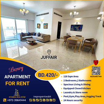 Juffair, Apartments/Houses, BHD 420/month,  Furnished,  2 BR,  128 Sq. Meter,  Fully Furnished Luxury Apartment For Rent In Juffair BD.420/- With EWA