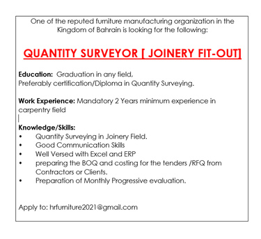 Salmabad, Jobs, QUANTITY SURVEYOR- WITH HARDCORE JOINERY EXPERIENCE