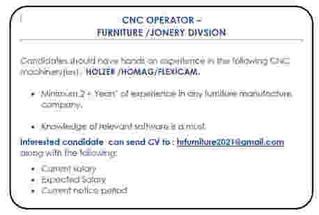 Salmabad, Jobs, CNC OPERATOR &ndash;  FURNITURE