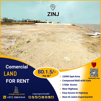 Zinj, Commercial Plots, BHD 18000,  12090 Sq. Meter,  Commercial Land For Rent In Zinj Near Al Jazira Supermarket BD.1.5/- Per Sqm