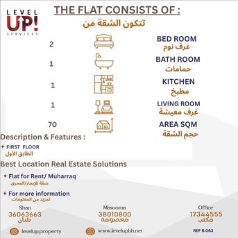 Muharraq, Apartments/Houses, BHD 100/month,  2 BR,  70 Sq. Meter,  GOOD FLAT FOR RENT LOCATION MUHARRAQ REF NO B 063