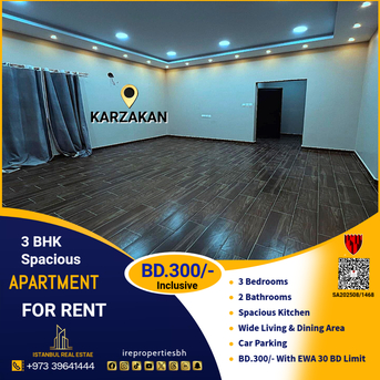 Manama, Apartments/Houses, BHD 300/month,  Studio,  160 Sq. Meter,  3 BHK Spacious Apartment For Rent In Karzakan BD.300/- Inclusive