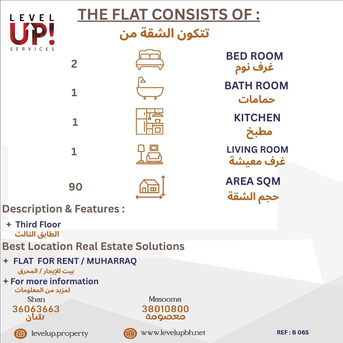 Muharraq, Apartments/Houses, BHD 150/month,  2 BR,  90 Sq. Meter,  Good 2BHK Flat For Rent In Muharraq With EWA, Ref - B065