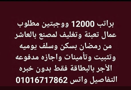 Cairo, Jobs, براتب 12000 مطلوب عمال تعبئة وتغليف لمصنع بالع