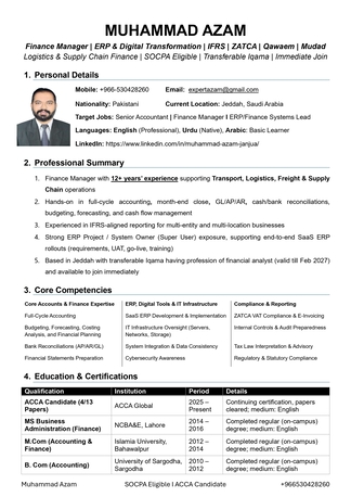 Riyadh, Job Seekers, Senior Accountant / Chief Accountant / Finance Manager / ERP Finance Systems Lead