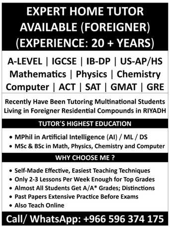 Riyadh, Lessons Offered, Math/Physics/Chemistry/Computer: 20Years Experienced Expert Home Tutor Available In RIYADH