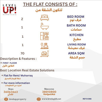 Muharraq, Apartments/Houses, BHD 100/month,  2 BR,  70 Sq. Meter,  Good 2BHK Flat For Rent In Muharraq, Ref - B066