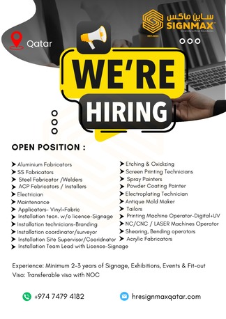 Doha, Jobs, CARPENTERS,WELDERS,FABRICATORE,PAINTERS,SIGNAGE TECHNICIANS,STICKER APPLICATORS.OPERATORS