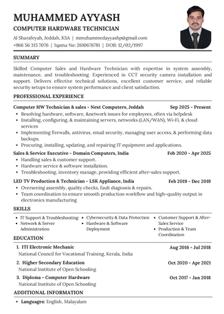 Jeddah, Job Seekers, Computer Hardware Technician Looking For Opportunities