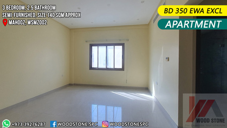 Mahooz, Apartments/Houses, BHD 350/month,  3 BR,  140 Sq. Meter,  Semi Furnished 3 Bedroom Apartment, Mahooz - BD 350 EWA Excl WSMZ002
