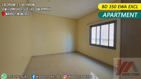 Mahooz, Apartments/Houses, BHD 350/month,  3 BR,  140 Sq. Meter,  Semi Furnished 3 Bedroom Apartment, Mahooz - BD 350 EWA Excl WSMZ002