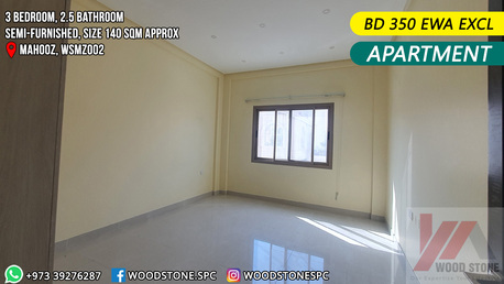 Mahooz, Apartments/Houses, BHD 350/month,  3 BR,  140 Sq. Meter,  Semi Furnished 3 Bedroom Apartment, Mahooz - BD 350 EWA Excl WSMZ002
