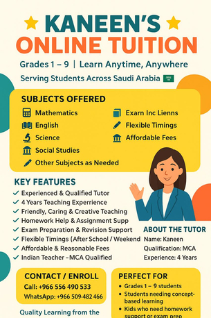 Hofuf, Lessons Offered, Online Tuition Classes For Grade 1 To 9
