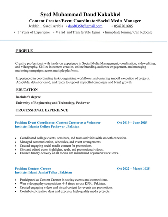 Jeddah, Job Seekers, Videographer/Content Creator