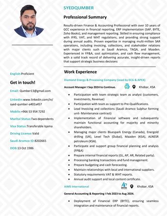 Jubail, Job Seekers, Accounts, Finance & Admin Expert (10 Years) Transferable Iqama