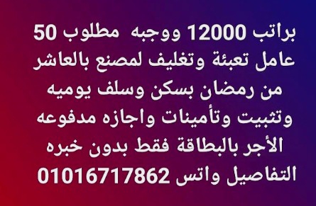 Cairo, Jobs, براتب 12000 مطلوب عمال تعبئة وتغليف لمصنع بالع