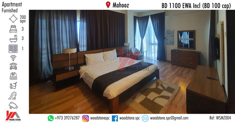 Mahooz, Apartments/Houses, BHD 1100/month,  Furnished,  3 BR,  200 Sq. Meter,  Fully Furnished 3 Bedroom Apartment, Mahooz - BD 1100 EWA Incl (BD 100 Cap) WSMZ004