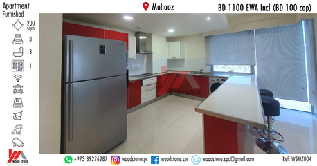 Mahooz, Apartments/Houses, BHD 1100/month,  Furnished,  3 BR,  200 Sq. Meter,  Fully Furnished 3 Bedroom Apartment, Mahooz - BD 1100 EWA Incl (BD 100 Cap) WSMZ004