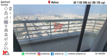 Mahooz, Apartments/Houses, BHD 1100/month,  Furnished,  3 BR,  200 Sq. Meter,  Fully Furnished 3 Bedroom Apartment, Mahooz - BD 1100 EWA Incl (BD 100 Cap) WSMZ004