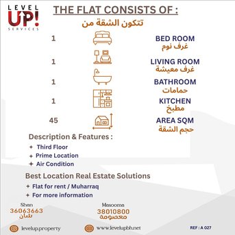 Busaiteen, Apartments, Flats, Houses & Villas, BHD 120/month,  1 BR,  45 Sq. Meter,  1BHK Flat For Rent In Busaiteen, Ref - A027