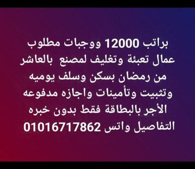 Cairo, Jobs, براتب 12000 مطلوب عمال تعبئة وتغليف لمصنع بالع