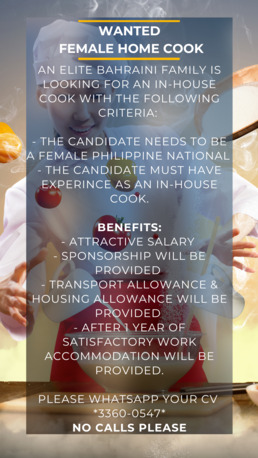 Riffa, Jobs, Female Home Cook Wanted