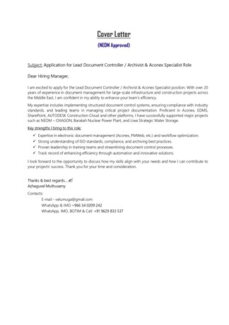 Chennai, Job Seekers, Lead Document Controller (Aconex Expart) 20+Y Experience, Ready To Join Immediately