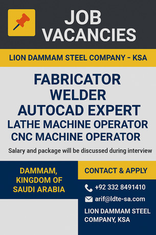Islamabad, Jobs, Fabricator, Welder Auto CAD Expert, Lathe Machine Operator, CNC Machine Operator